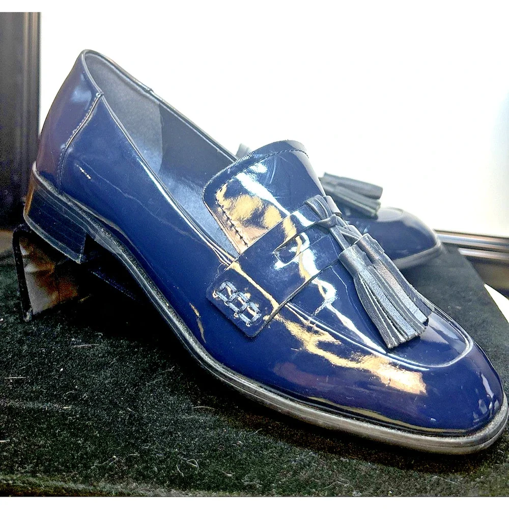 Trifari Navy Blue Tassel Loafers Womens 6.5 Glossy Leather Vintage Style